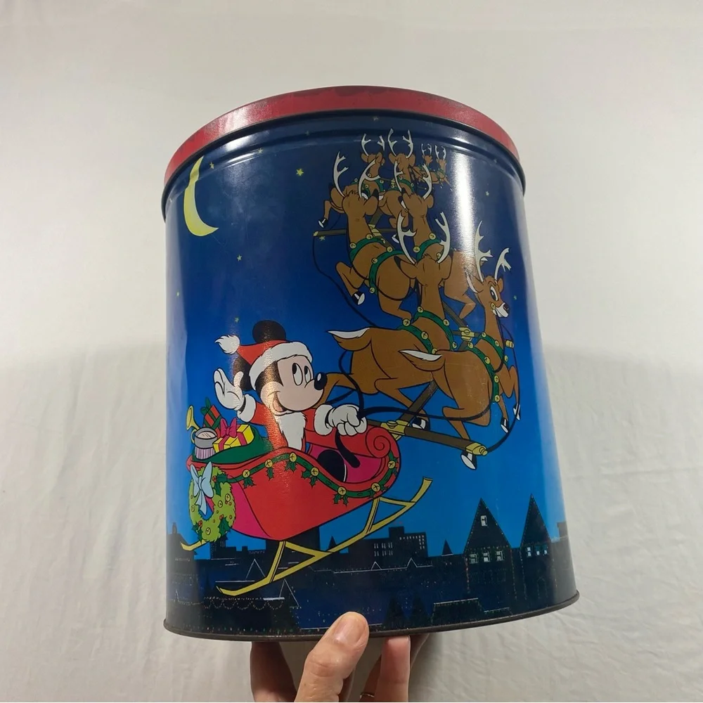 Vintage Disney Christmas Tin Can with Mickey and Reindeer